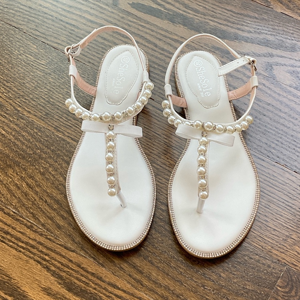 Faux Pearl T-Strap Sandals